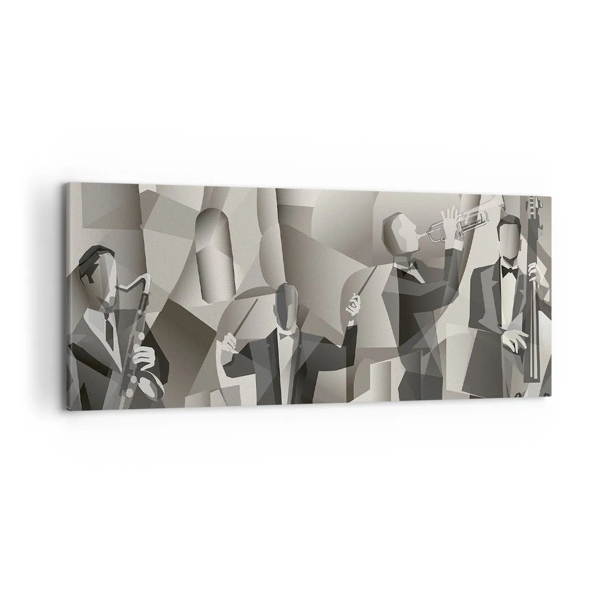 Cuadro sobre lienzo - Impresión de Imagen - Escena abstracta con músicos de jazz en tonos de gris. - 120x50cm - En el espacio de los sonidos - Decoración de pared moderna para salón y dormitorio ARTTOR
