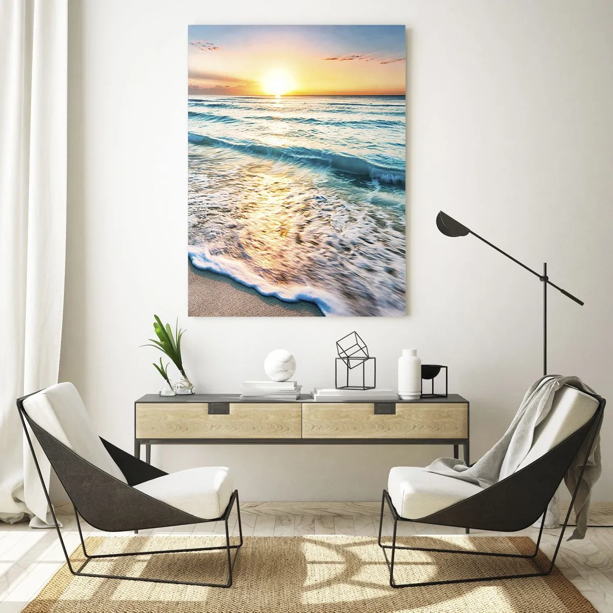 Cuadro sobre vidrio - Impresiones sobre Vidrio - Amanecer sobre una playa tranquila con olas. - 80x120cm - Un espectáculo digno de ver - Decoración de pared moderna para salón y dormitorio ARTTOR