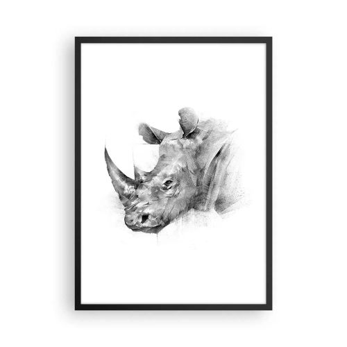 Póster en marco negro - Dibujo gráfico de un rinoceronte en blanco y negro. - 50x70cm - Retrato africano - Decoración de pared moderna para salón y dormitorio ARTTOR