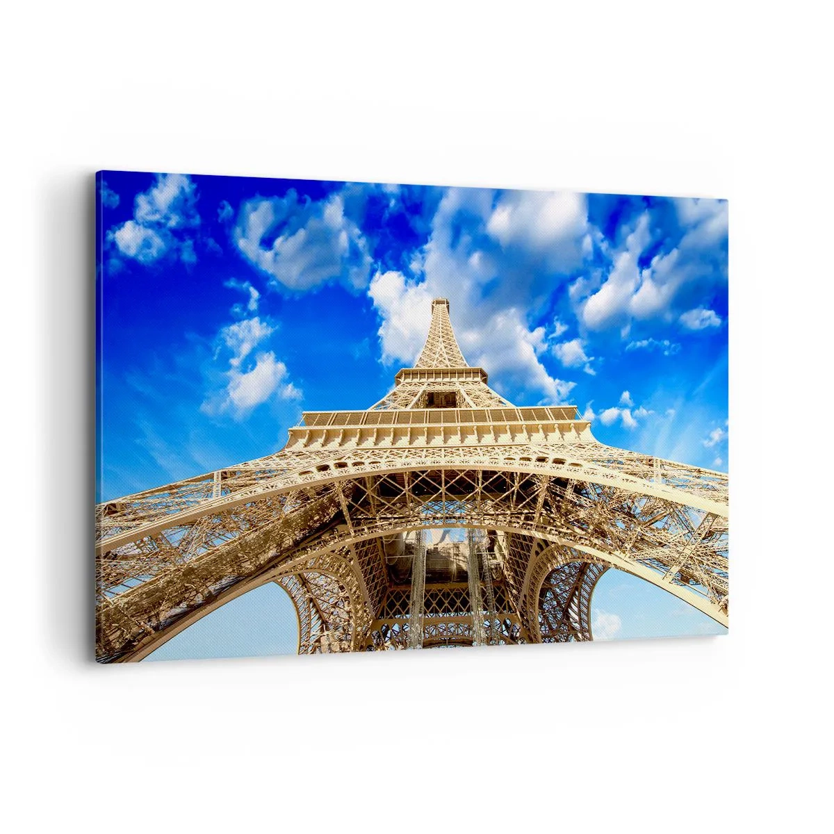 Cuadro sobre lienzo - Impresión de Imagen - La Torre Eiffel desde abajo contra un cielo azul - 120x80cm - Alcanzando el cielo y las nubes - Decoración de pared moderna para salón y dormitorio ARTTOR