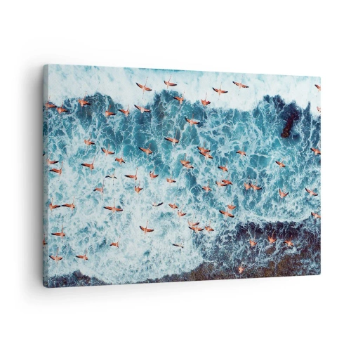 Cuadro sobre lienzo - Impresión de Imagen - Una vista aérea de flamencos rosados sobre un océano azul. - 70x50cm - Un desfile marítimo - Decoración de pared moderna para salón y dormitorio ARTTOR