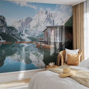 Fotomural Autadhesivo Deluxe Sticker - Una mañana cristalina de montaña - paisaje de montaña, Sol, Lago - 350x256 cm