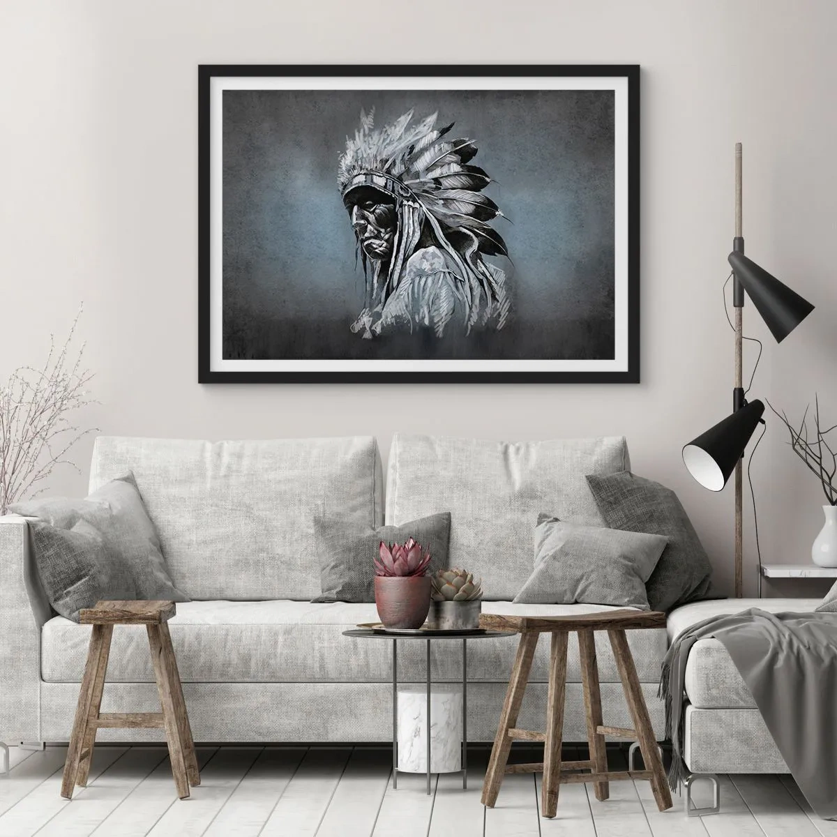 Póster en marco negro - Retrato de un jefe indio con un tocado tradicional - 70x50cm - Regreso a las raíces - Decoración de pared moderna para salón y dormitorio ARTTOR