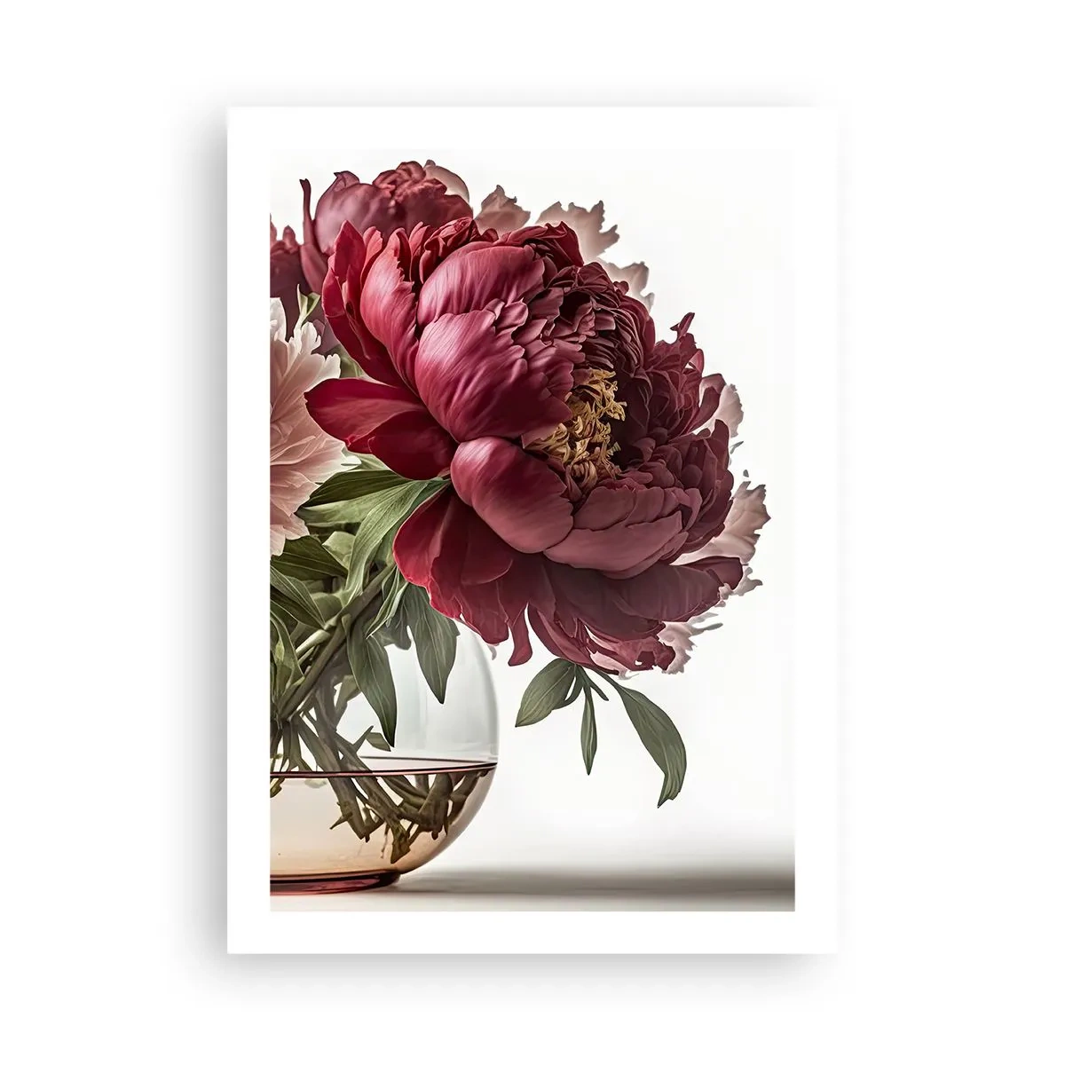 Póster - Peonías rojas en un jarrón de cristal sobre un fondo blanco. - 50x70cm - En plena floración de la belleza - Decoración de pared moderna para salón y dormitorio ARTTOR