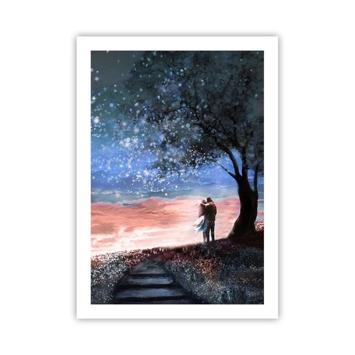 Póster - Una pareja bajo un árbol a la luz de las estrellas y un paisaje pintoresco. - 50x70cm - Un espectáculo estelar - Decoración de pared moderna para salón y dormitorio ARTTOR