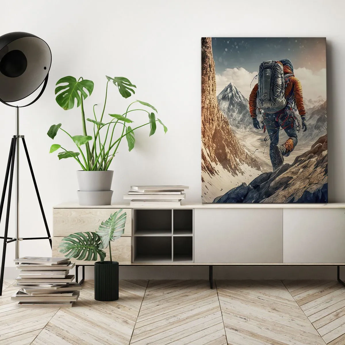 Cuadro sobre lienzo - Impresión de Imagen - Un escalador en un sendero de montaña en un paisaje invernal. - 50x70cm - Guerrero solitario - Decoración de pared moderna para salón y dormitorio ARTTOR