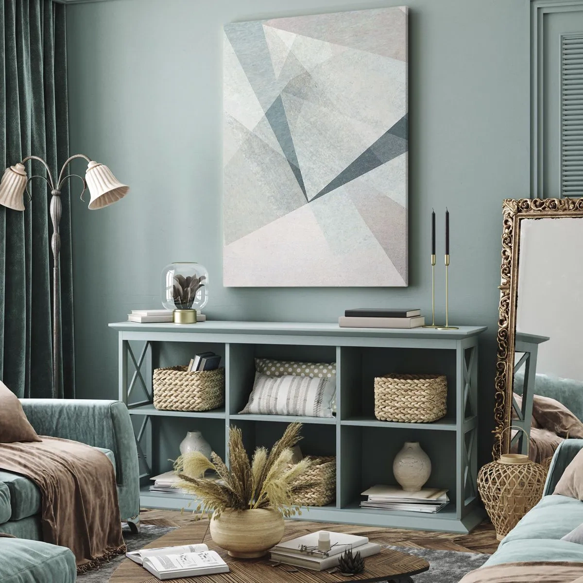 Cuadro sobre lienzo - Impresión de Imagen - Formas geométricas en tonos pastel de azul y gris. - 50x70cm - Tranquilo pero dinámico - Decoración de pared moderna para salón y dormitorio ARTTOR