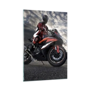Cuadro sobre vidrio - Impresiones sobre Vidrio - Un motociclista en una motocicleta deportiva contra un cielo nublado. - 80x120cm - Motorista oscuro - Decoración de pared moderna para salón y dormitorio ARTTOR