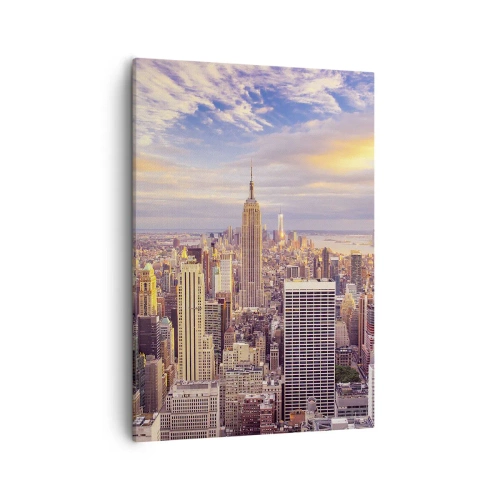 Cuadro sobre lienzo - Impresión de Imagen - Panorama de una ciudad moderna con rascacielos al atardecer - 50x70cm - Alcanzar las nubes - Decoración de pared moderna para salón y dormitorio ARTTOR