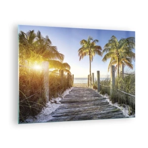 Cuadro sobre vidrio - Impresiones sobre Vidrio - Camino de madera en la playa rodeado de palmeras. - 70x50cm - Directo al paraíso - Decoración de pared moderna para salón y dormitorio ARTTOR