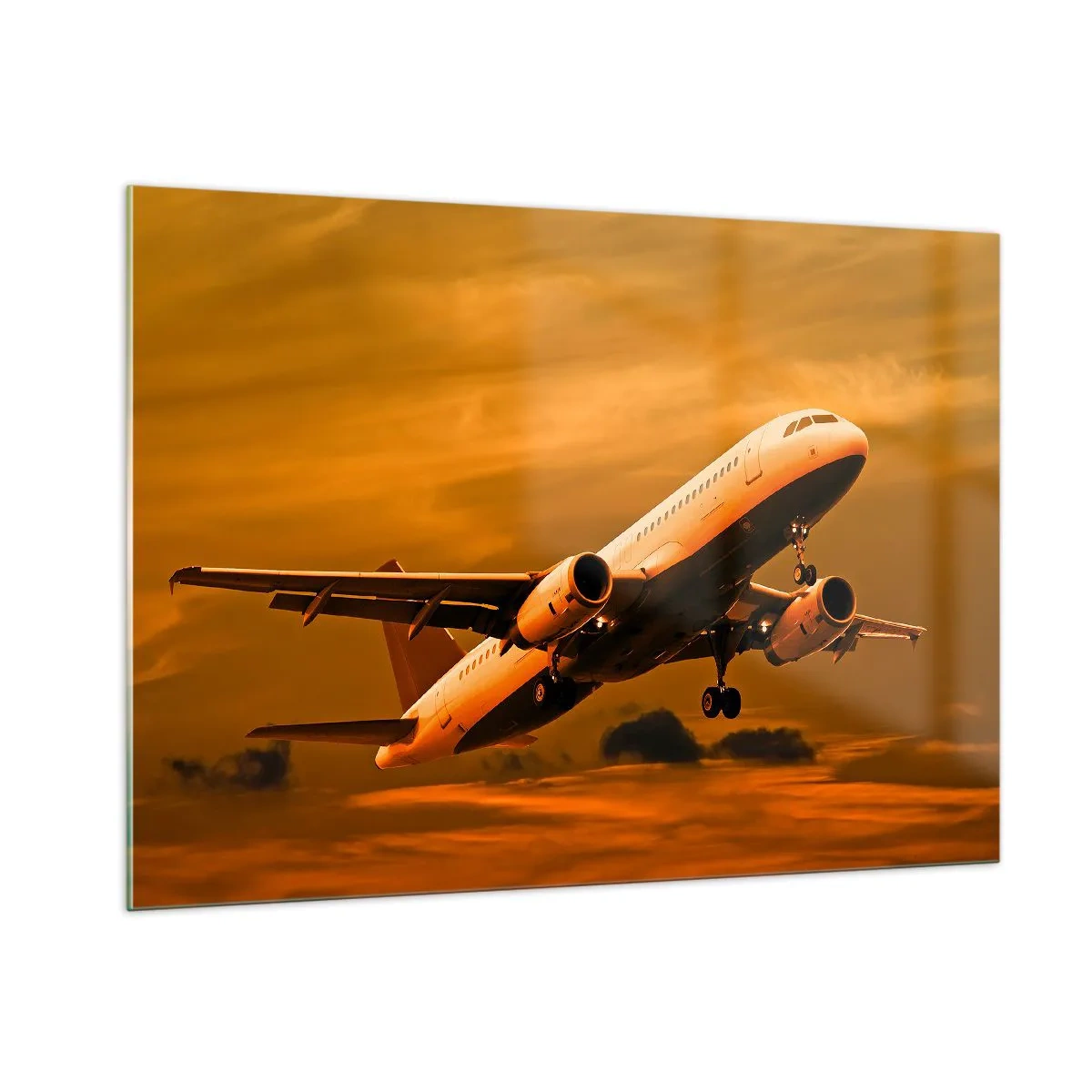 Cuadro sobre vidrio - Impresiones sobre Vidrio - Un avión despegando contra un cielo naranja. - 100x70cm - Vuelo hacia el sol - Decoración de pared moderna para salón y dormitorio ARTTOR