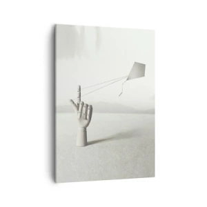 Cuadro sobre lienzo - Impresión de Imagen - Una mano de madera minimalista con una cometa sobre un fondo de paisaje. - 50x70cm - Una prueba de fuerza - Decoración de pared moderna para salón y dormitorio ARTTOR