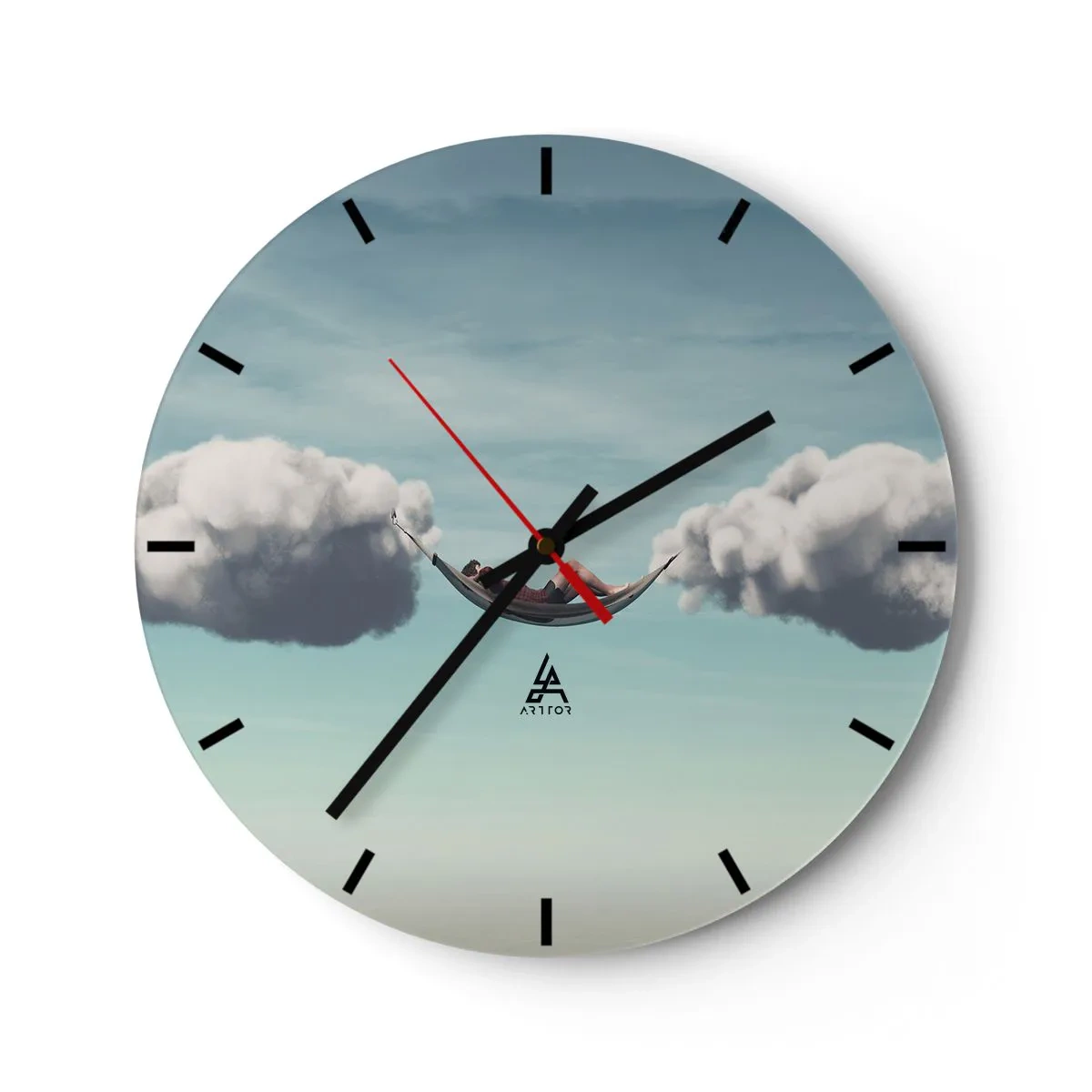 Reloj de pared - Reloj de vidrio - Una hamaca suspendida en las nubes - 30x30cm - La felicidad del momento - Decoración de pared moderna para salón, cocina y dormitorio ARTTOR