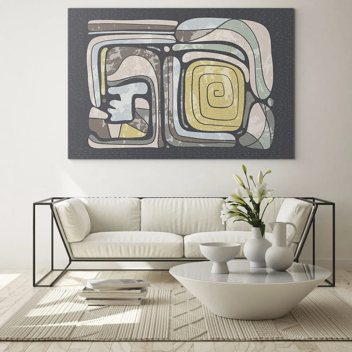 Cuadro sobre vidrio - Impresiones sobre Vidrio - Abstracción geométrica en tonos terrosos sobre fondo negro. - 120x80cm - Abstracción con espíritu precolombino - Decoración de pared moderna para salón y dormitorio ARTTOR