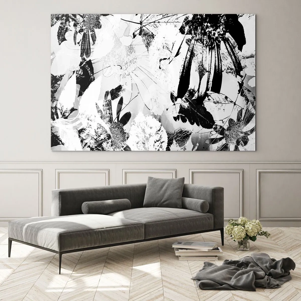 Cuadro sobre vidrio - Impresiones sobre Vidrio - Arreglo floral en blanco y negro de estilo artístico. - 70x50cm - Otoño en negativo - Decoración de pared moderna para salón y dormitorio ARTTOR