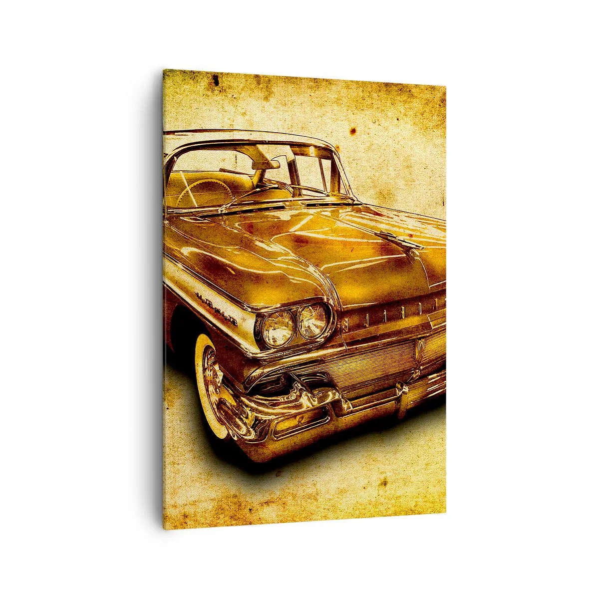 Cuadro sobre lienzo - Impresión de Imagen - Un coche retro clásico dorado sobre un fondo vintage con efecto envejecido. - 70x100cm - La belleza perdurable de los clásicos - Decoración de pared moderna para salón y dormitorio ARTTOR