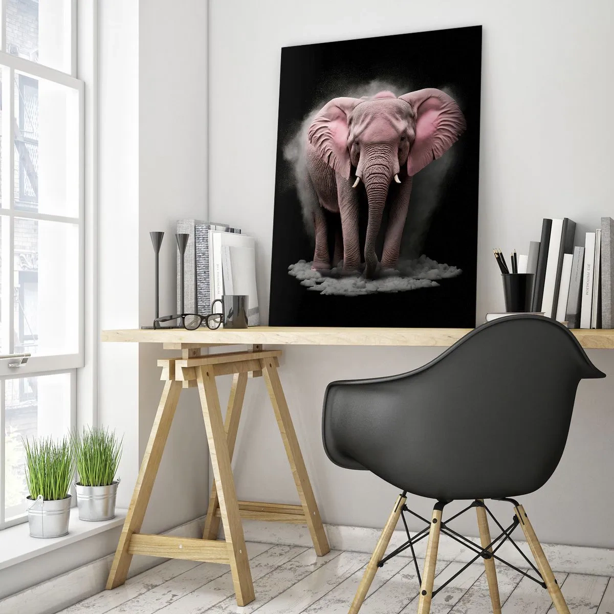 Cuadro sobre vidrio - Impresiones sobre Vidrio - Una interpretación artística de un elefante rosa sobre un fondo negro. - 80x120cm - El rey rosado de oriente - Decoración de pared moderna para salón y dormitorio ARTTOR