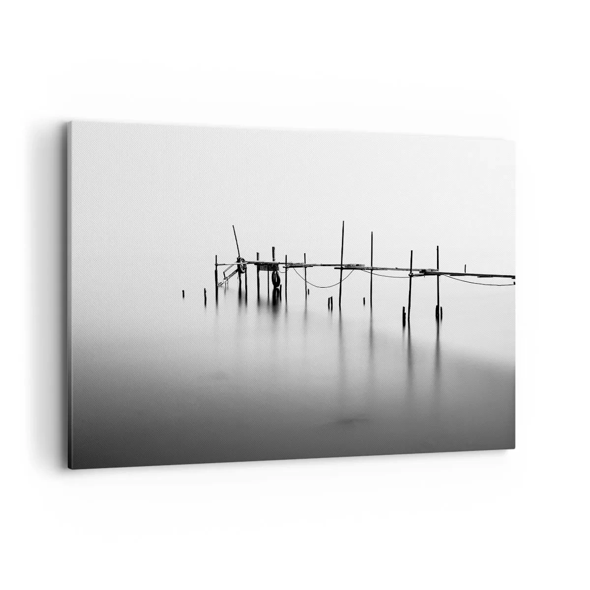 Cuadro sobre lienzo - Impresión de Imagen - Un embarcadero en blanco y negro inmerso en un paisaje brumoso. - 120x80cm - ¿Y si no hay mundo? - Decoración de pared moderna para salón y dormitorio ARTTOR