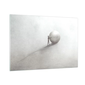 Cuadro sobre vidrio - Impresiones sobre Vidrio - Una silueta minimalista de un hombre con una pelota grande sobre un fondo claro. - 100x70cm - El juego de la vida - Decoración de pared moderna para salón y dormitorio ARTTOR