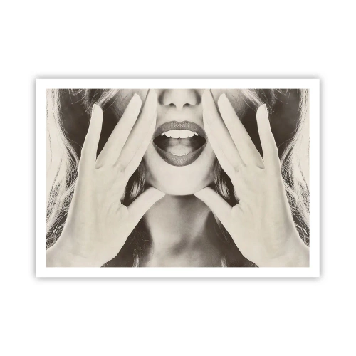 Póster - Retrato en blanco y negro de una mujer con labios y manos expresivos. - 100x70cm - ¡Ya estoy en camino! - Decoración de pared moderna para salón y dormitorio ARTTOR