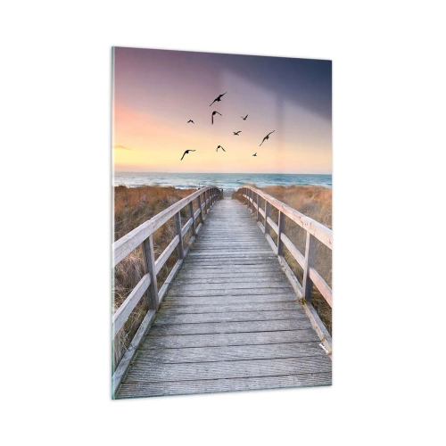Cuadro sobre vidrio - Impresiones sobre Vidrio - Una pasarela de madera sobre las dunas que conduce a la playa al atardecer. - 50x70cm - Camino a lo desconocido - Decoración de pared moderna para salón y dormitorio ARTTOR