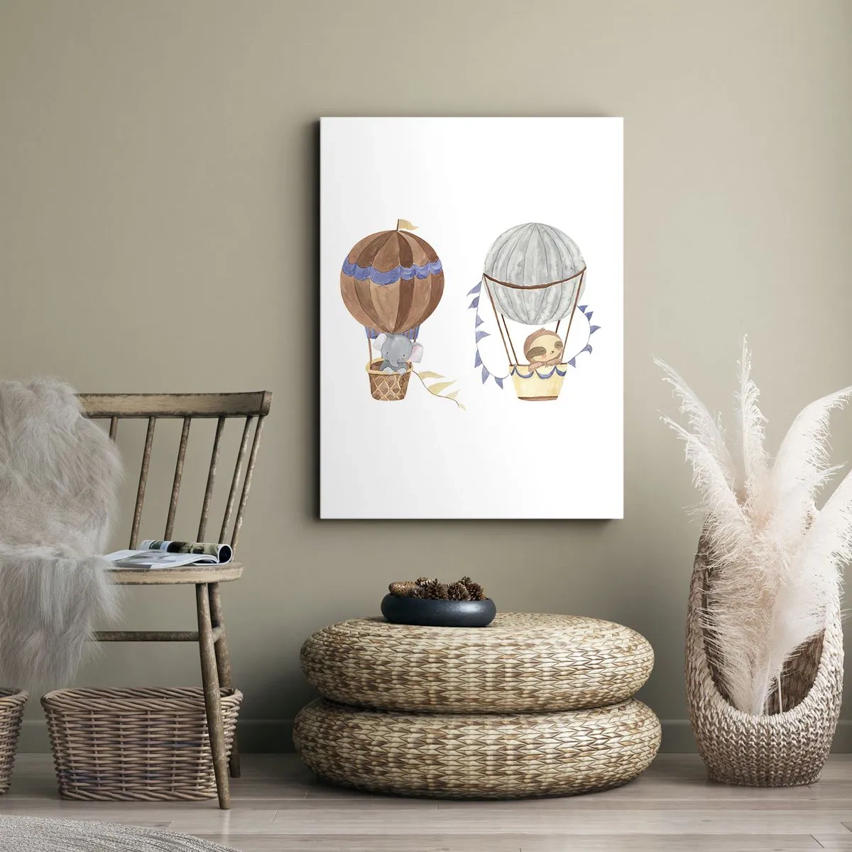 Cuadro sobre lienzo - Impresión de Imagen - Lindos animales en globos sobre un fondo blanco. - 50x70cm - Amigos de viaje - Decoración de pared moderna para salón y dormitorio ARTTOR
