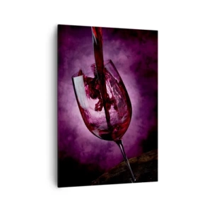 Cuadro sobre lienzo - Impresión de Imagen - Vino tinto vertido en una copa sobre un fondo de humo púrpura. - 70x100cm - ¿Escarlata? ¿Carmín? No, rubí. - Decoración de pared moderna para salón y dormitorio ARTTOR
