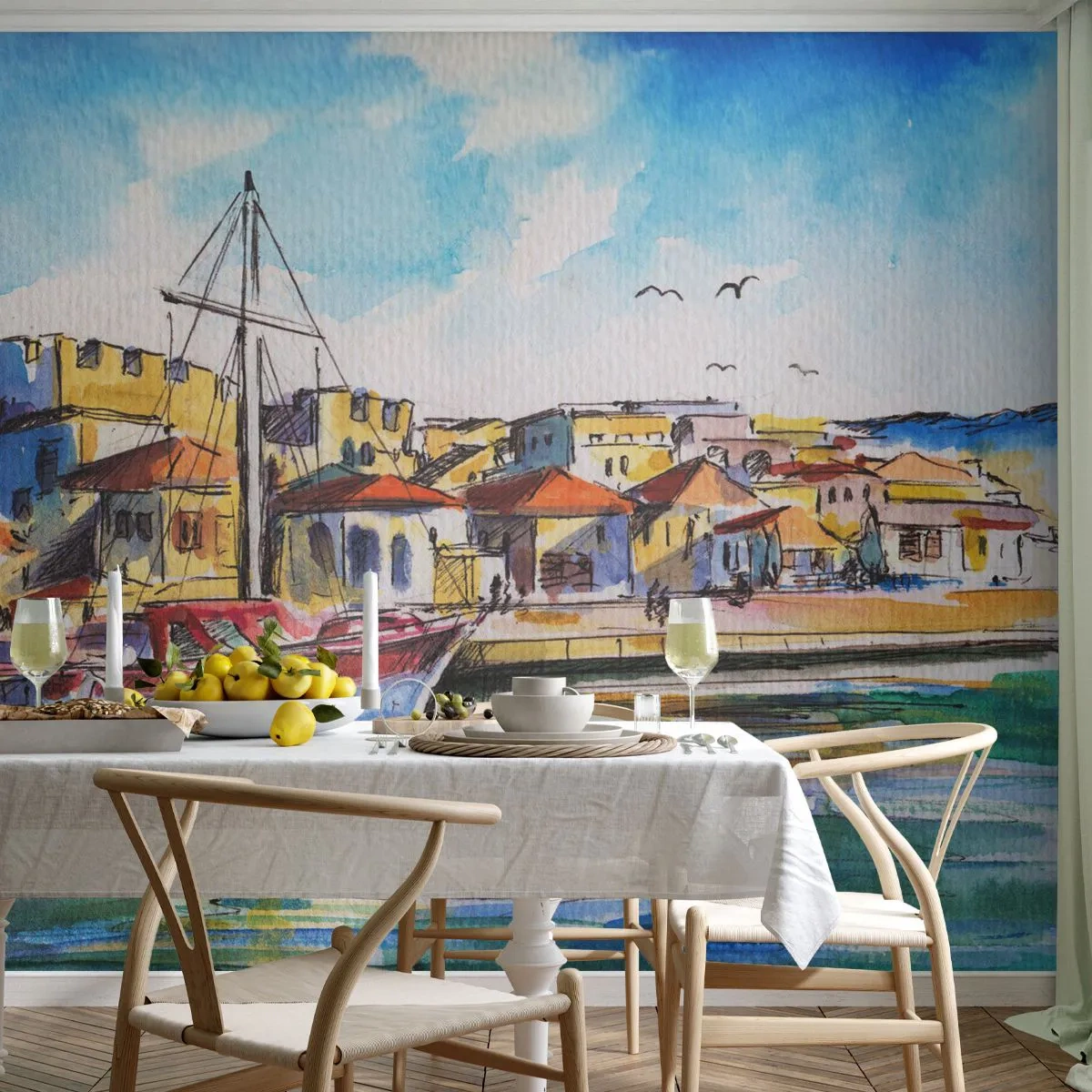 Fotomural Autadhesivo Deluxe Sticker - Tarde de arco iris - Puerto, Yate, Playa - 100x70 cm