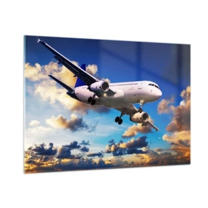Cuadro sobre vidrio - Impresiones sobre Vidrio - Un avión en vuelo contra un cielo pintoresco. - 100x70cm - Un viaje en blanco y azul - Decoración de pared moderna para salón y dormitorio ARTTOR