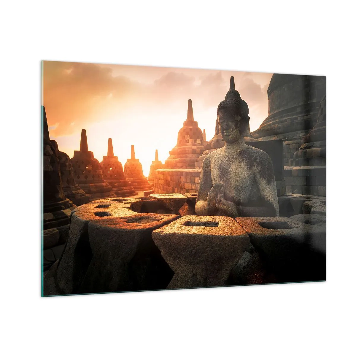 Cuadro sobre vidrio - Impresiones sobre Vidrio - Una estatua de Buda iluminada por el sol poniente en un antiguo complejo de templos. - 100x70cm - Tiempo de gran sabiduría - Decoración de pared moderna para salón y dormitorio ARTTOR