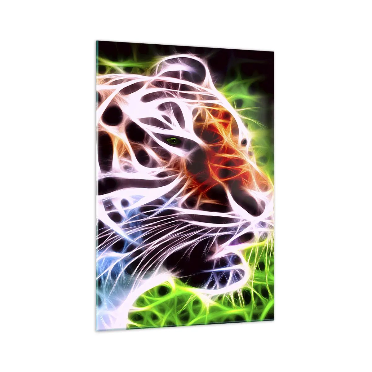Cuadro sobre vidrio - Impresiones sobre Vidrio - Retrato artístico colorido de un tigre en estilo neón sobre fondo negro. - 70x100cm - Un aura amenazante - Decoración de pared moderna para salón y dormitorio ARTTOR