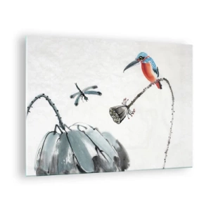 Cuadro sobre vidrio - Impresiones sobre Vidrio - Ilustración de un pájaro colorido y una libélula sobre un fondo de vegetación. - 70x50cm - La vida de la pradera - Decoración de pared moderna para salón y dormitorio ARTTOR