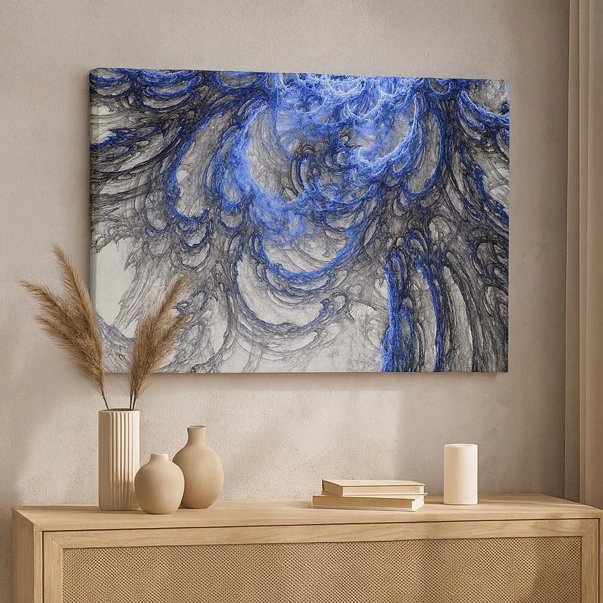 Cuadro sobre lienzo - Impresión de Imagen - Ondas abstractas en tonos azules y grises - 70x50cm - El nacimiento de una ola - Decoración de pared moderna para salón y dormitorio ARTTOR