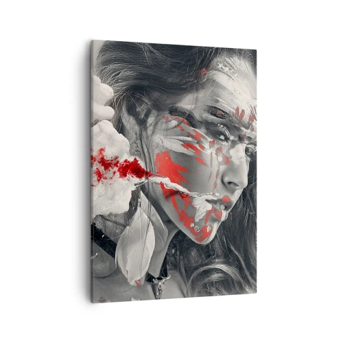 Cuadro sobre lienzo - Impresión de Imagen - Retrato artístico de una mujer con acentos rojos abstractos. - 50x70cm - En los humos del absurdo - Decoración de pared moderna para salón y dormitorio ARTTOR