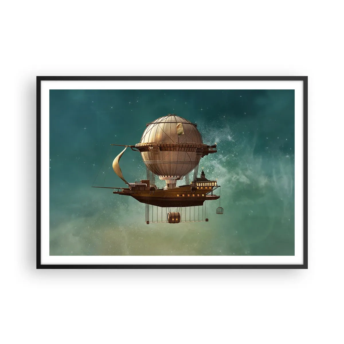Póster en marco negro - Un dirigible fantástico contra el cielo verdoso. - 100x70cm - Julio Verne saluda - Decoración de pared moderna para salón y dormitorio ARTTOR