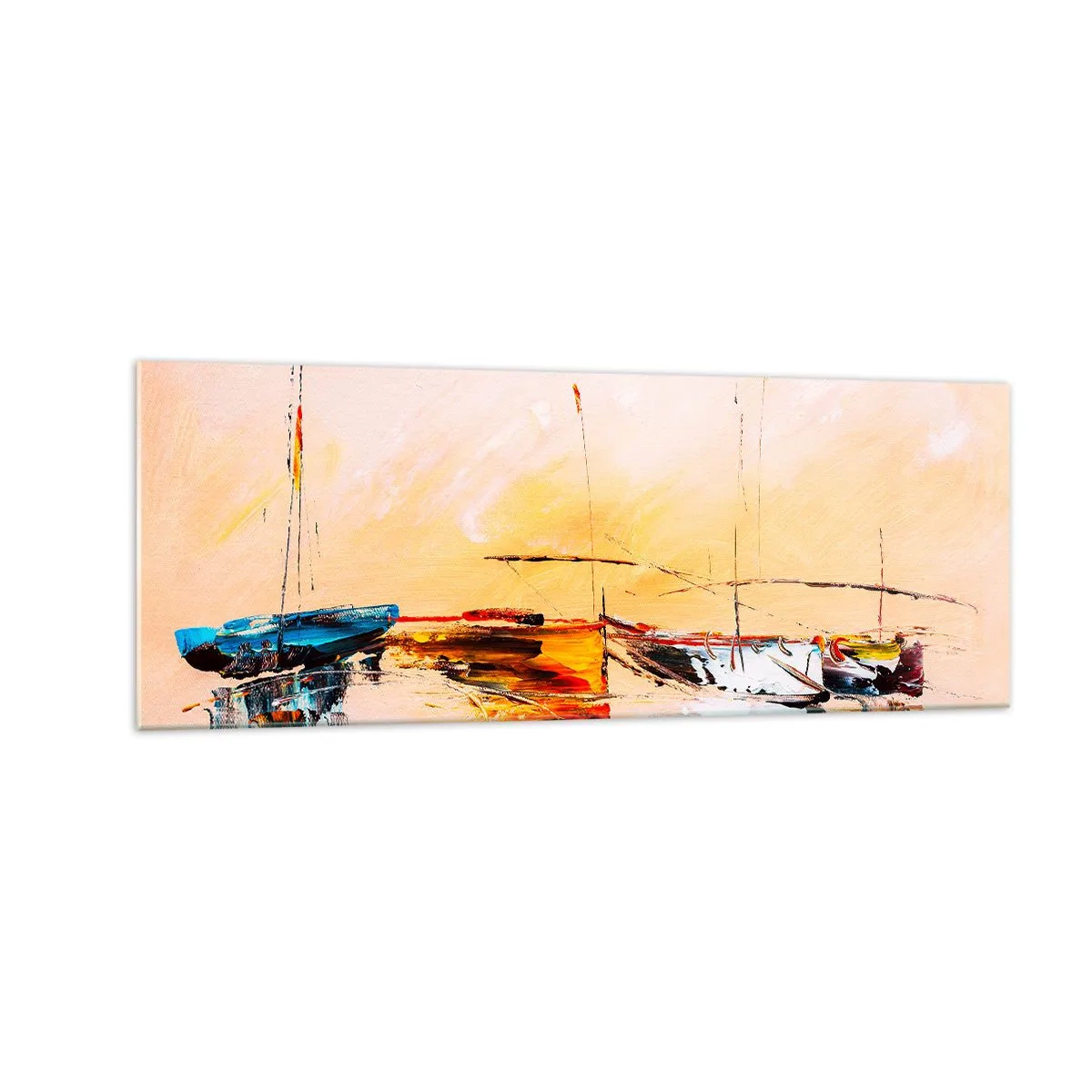 Cuadro sobre vidrio - Impresiones sobre Vidrio - Barcos coloridos en aguas tranquilas al atardecer - 140x50cm - Atardecer en el puerto deportivo - Decoración de pared moderna para salón y dormitorio ARTTOR