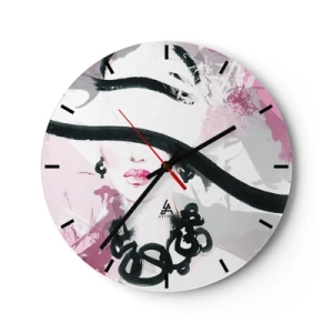 Reloj de pared - Reloj de vidrio - Un elegante retrato de una mujer en estilo negro y rosa. - 30x30cm - Retrato de una dama en negro y rosa - Decoración de pared moderna para salón, cocina y dormitorio ARTTOR