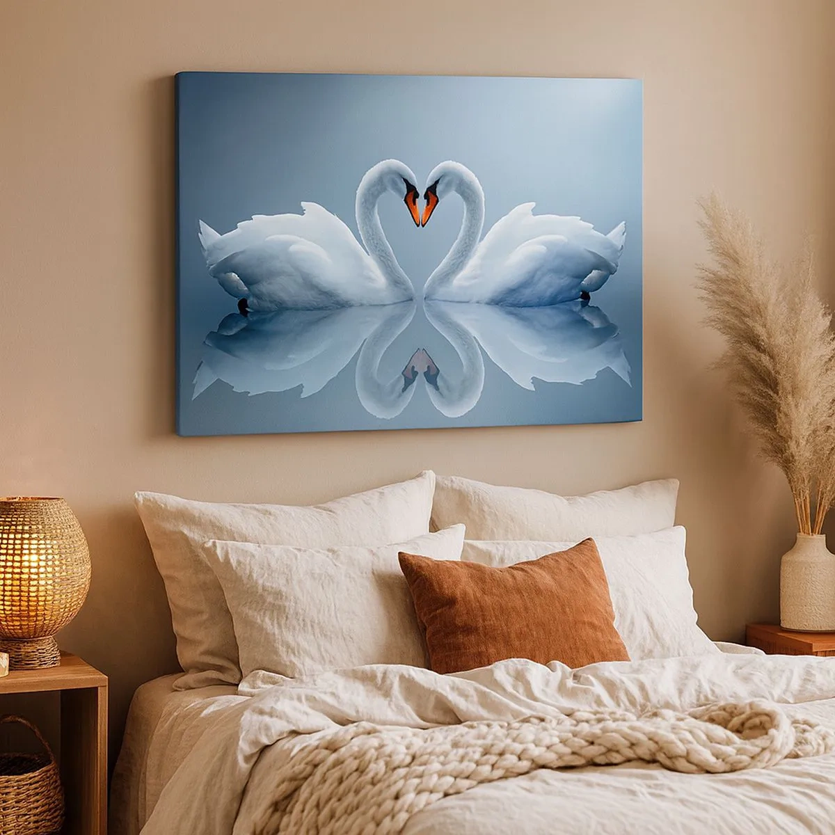 Cuadro sobre lienzo - Impresión de Imagen - Dos cisnes formando un corazón en una superficie tranquila del agua. - 70x50cm - Tiempo de amor - Decoración de pared moderna para salón y dormitorio ARTTOR