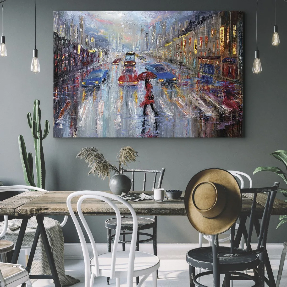 Cuadro sobre lienzo - Impresión de Imagen - Una mujer con un paraguas en una calle lluviosa bajo la luz de neón. - 70x50cm - Una tarde de lluvia en la ciudad - Decoración de pared moderna para salón y dormitorio ARTTOR