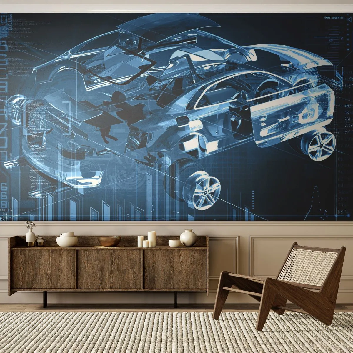 Fotomural Premium Sand - Modelo de coche holográfico con elementos tecnológicos. - 100x70cm - Anatomía del ingeniero - Decoración de pared moderna para salón y dormitorio ARTTOR