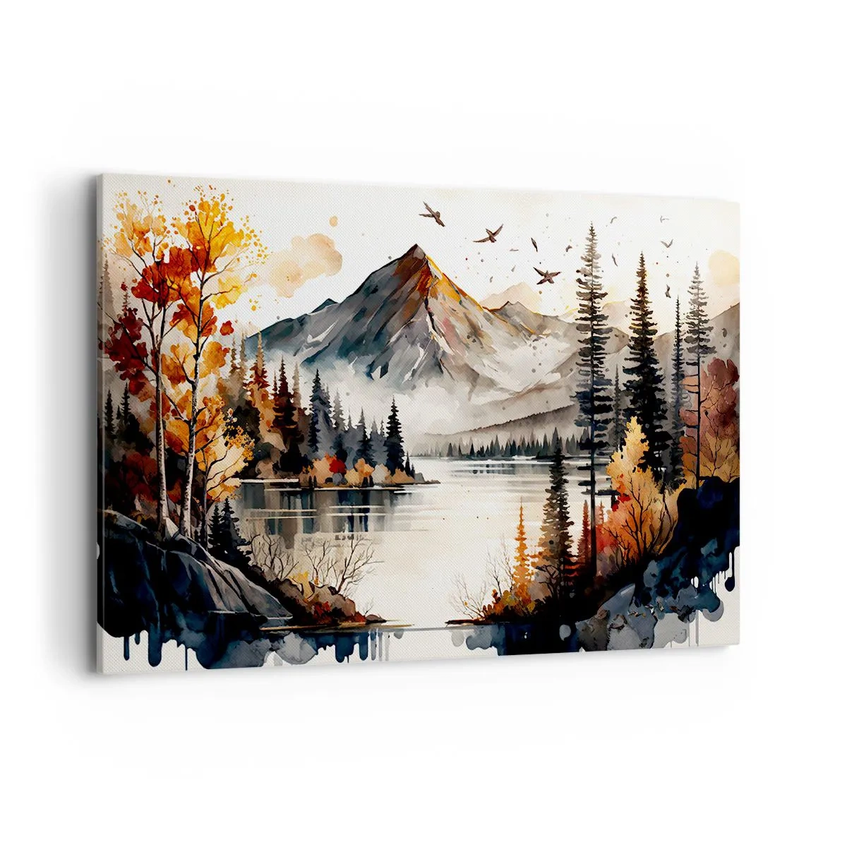 Cuadro sobre lienzo - Impresión de Imagen - Paisaje otoñal de montaña con lago y árboles en acuarela - 120x80cm - Otoño dorado en las montañas - Decoración de pared moderna para salón y dormitorio ARTTOR