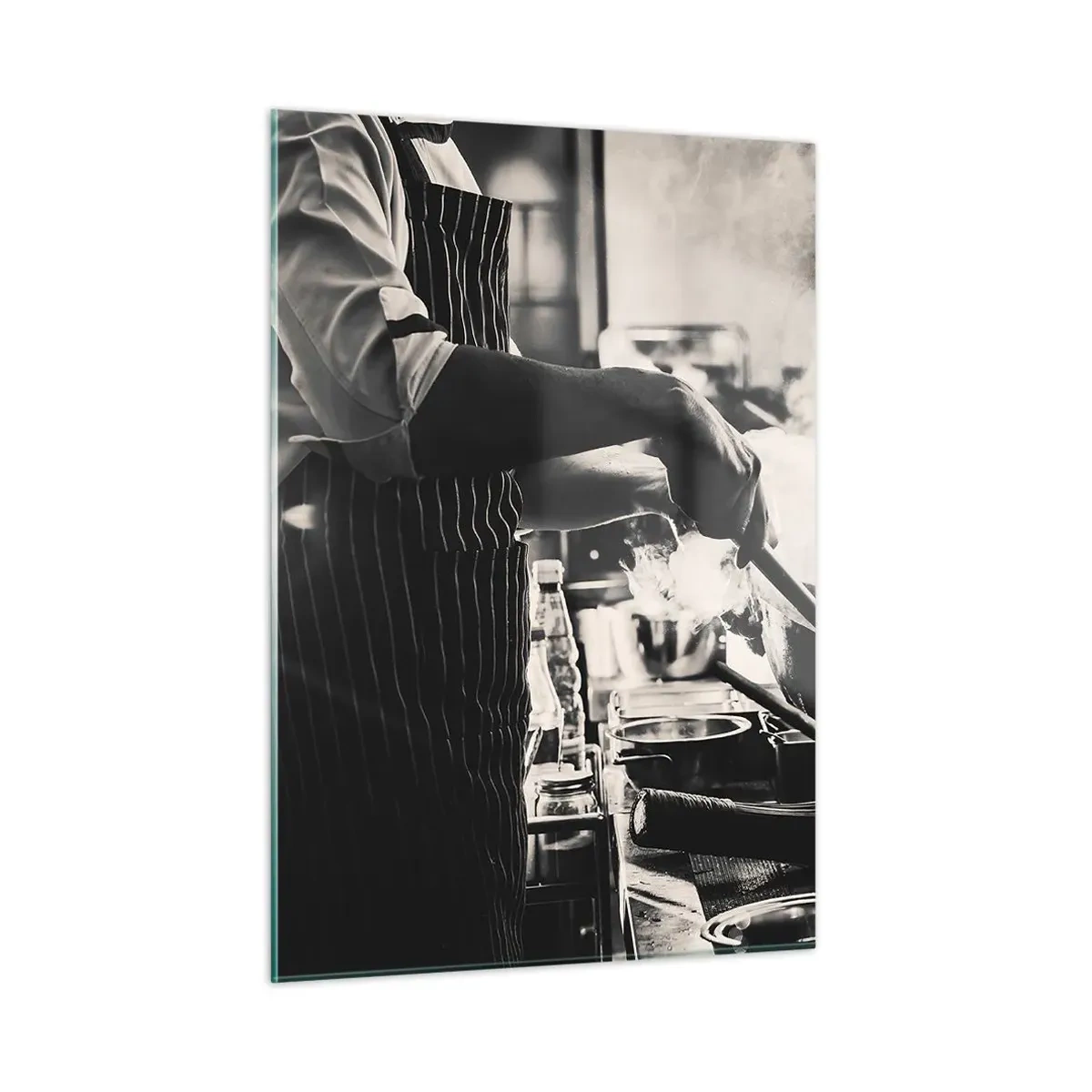 Cuadro sobre vidrio - Impresiones sobre Vidrio - Un chef en acción con una sartén en una cocina llena de vapor. - 50x70cm - Alquimia de sabores - Decoración de pared moderna para salón y dormitorio ARTTOR