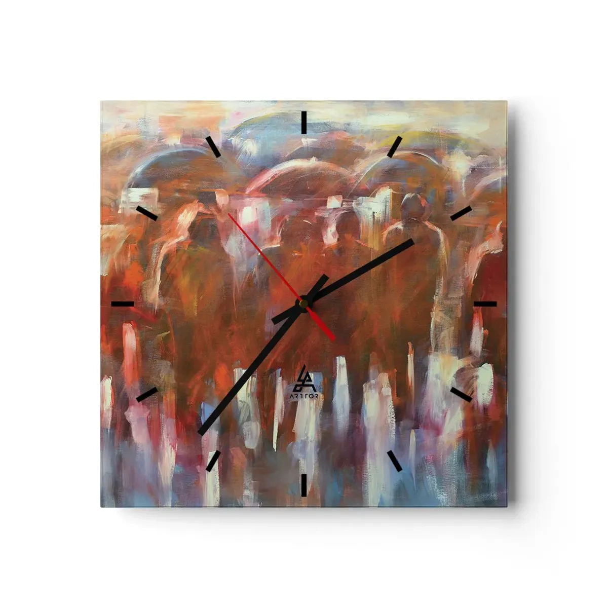 Reloj de pared - Reloj de vidrio - Una multitud de personas con paraguas en un entorno artístico y lluvioso. - 30x30cm - Iguales entre la niebla - Decoración de pared moderna para salón y dormitorio ARTTOR