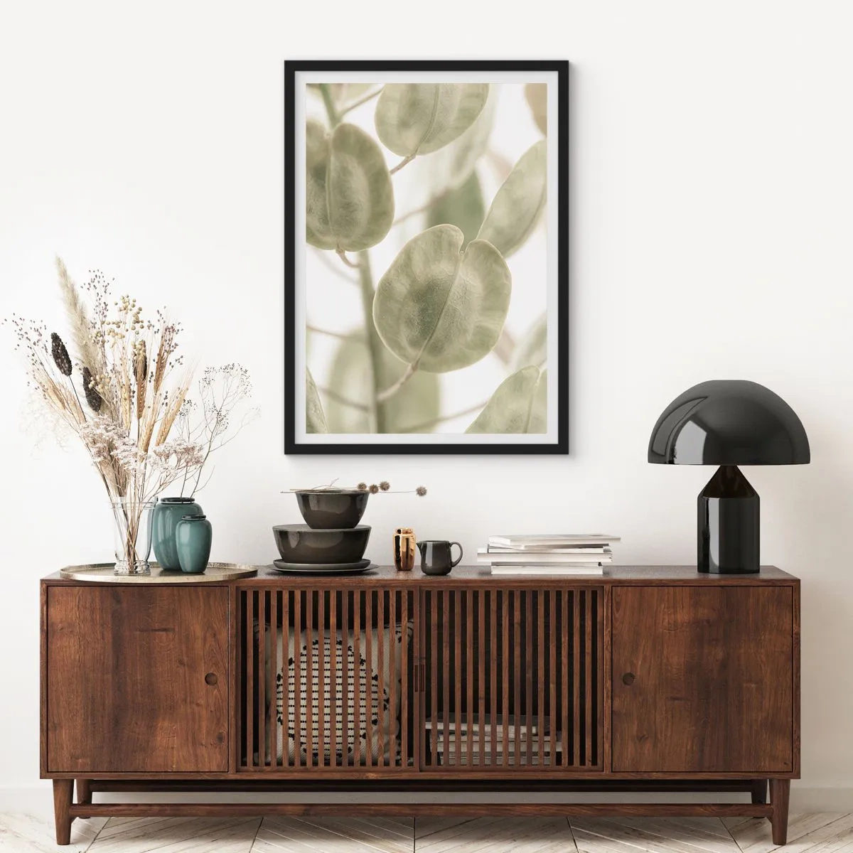 Póster en marco negro - Primer plano de hojas verdes con luz natural. - 50x70cm - Al principio de los tiempos había hojas... - Decoración de pared moderna para salón y dormitorio ARTTOR