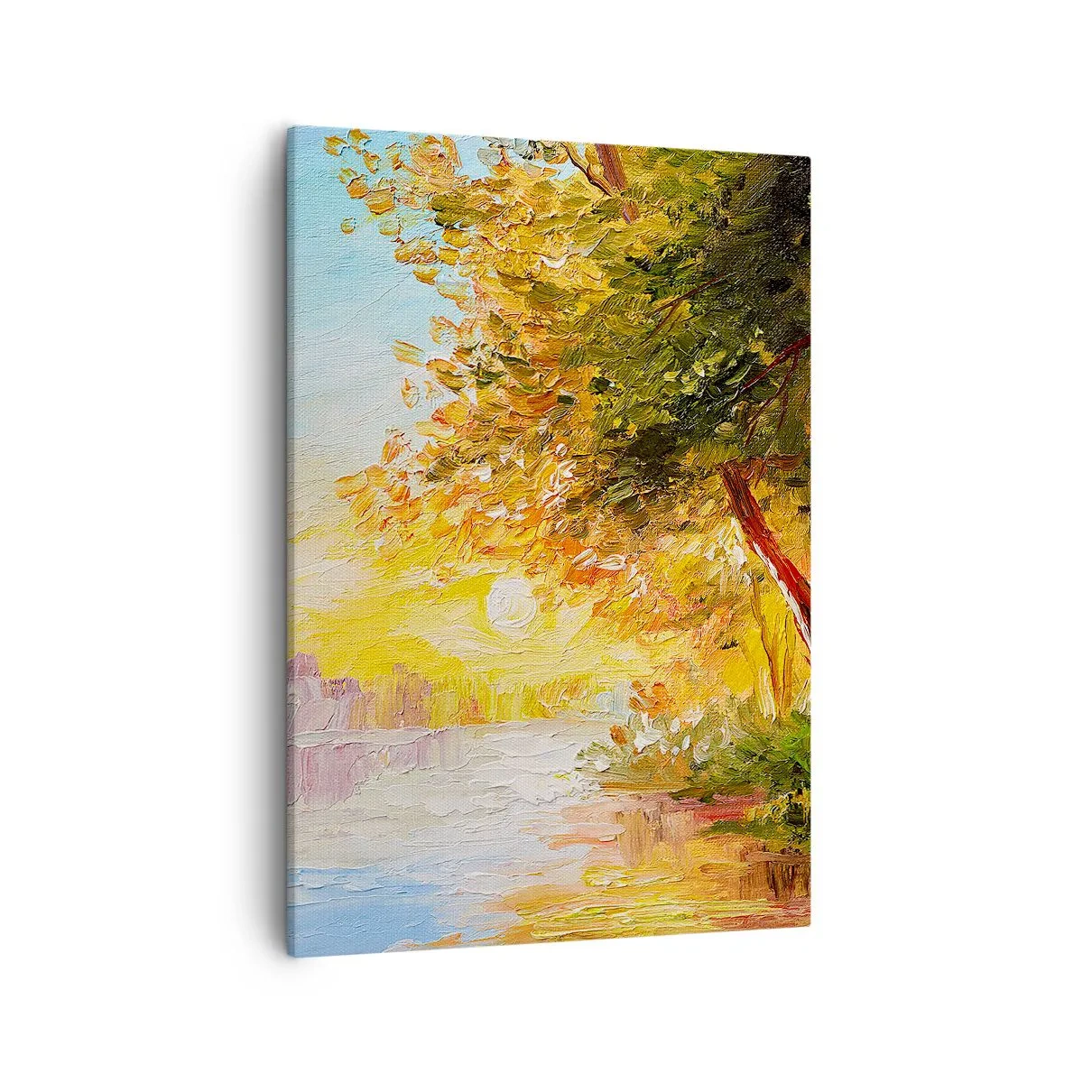 Cuadro sobre lienzo - Impresión de Imagen - Un paisaje pintoresco con un río y árboles al atardecer. - 50x70cm - Ensueño - Decoración de pared moderna para salón y dormitorio ARTTOR