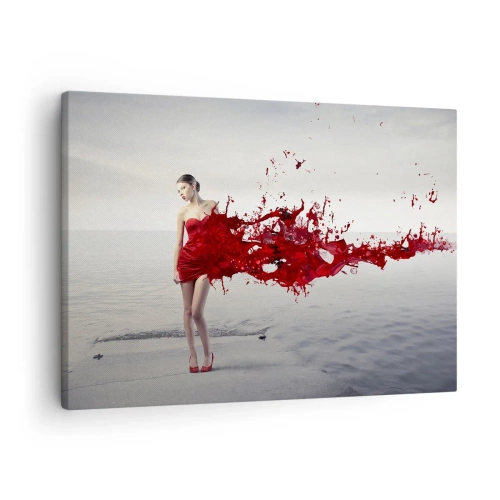Cuadro sobre lienzo - Impresión de Imagen - Una mujer con un vestido rojo en una composición artística junto al agua. - 70x50cm - Apasionada como la escarlata - Decoración de pared moderna para salón y dormitorio ARTTOR