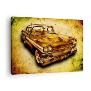 Cuadro sobre lienzo - Impresión de Imagen - Un coche retro clásico dorado sobre un fondo vintage con efecto envejecido. - 70x50cm - La belleza perdurable de los clásicos - Decoración de pared moderna para salón y dormitorio ARTTOR