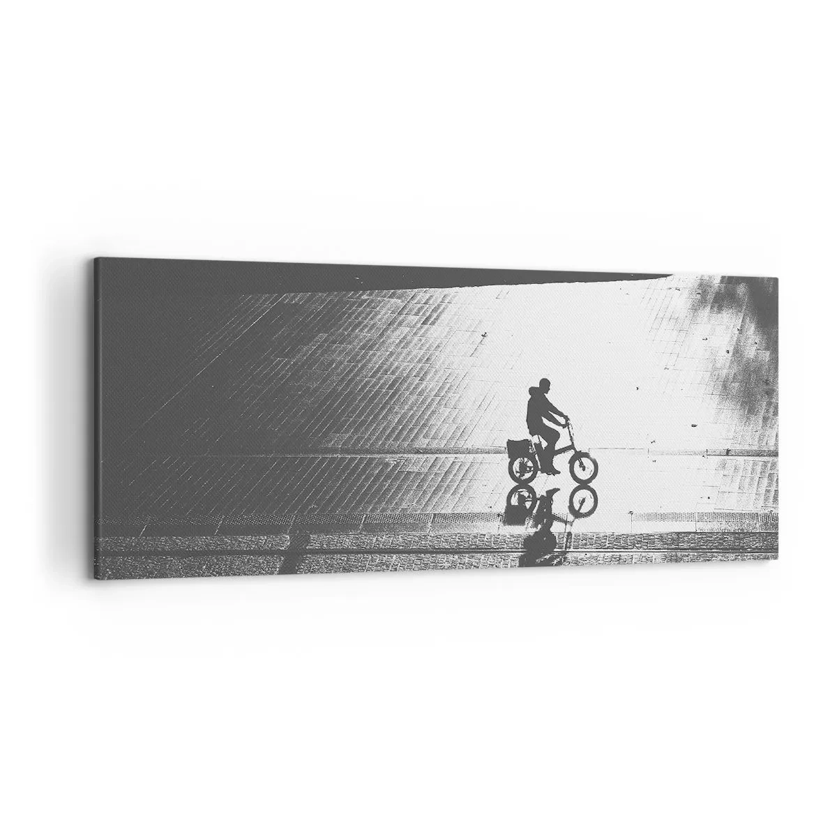 Cuadro sobre lienzo - Impresión de Imagen - Silueta en blanco y negro de un ciclista en una calle mojada - 120x50cm - Adelante, a través de la ciudad - Decoración de pared moderna para salón y dormitorio ARTTOR