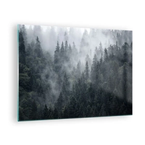 Cuadro sobre vidrio - Impresiones sobre Vidrio - Niebla que se cierne sobre el denso bosque de coníferas por la mañana. - 70x50cm - Amanecer en el bosque - Decoración de pared moderna para salón y dormitorio ARTTOR