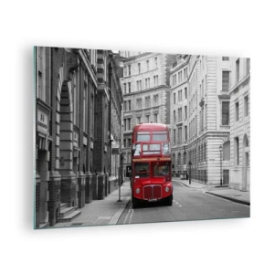 Cuadro sobre vidrio - Impresiones sobre Vidrio - Un autobús rojo entre las calles monocromáticas de la ciudad. - 70x50cm - La vida cotidiana no tiene por qué ser gris - Decoración de pared moderna para salón y dormitorio ARTTOR